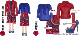 tenue jupe desigual fal cereza blouse satin bleu veste cuir rouge
